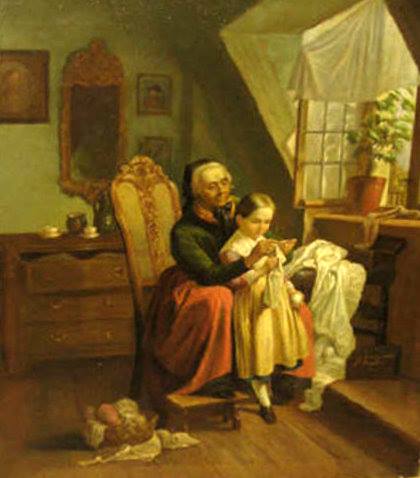 Artist: Fritz Paulsen (1838 - 1898) Title:Interior scene with an elderly woman and child sewing Measures: 23" x 20" (58.42cm x 50.80cm) Created: not given Oil/Canvas Signed Lower Right Farhat Art Museum Collection